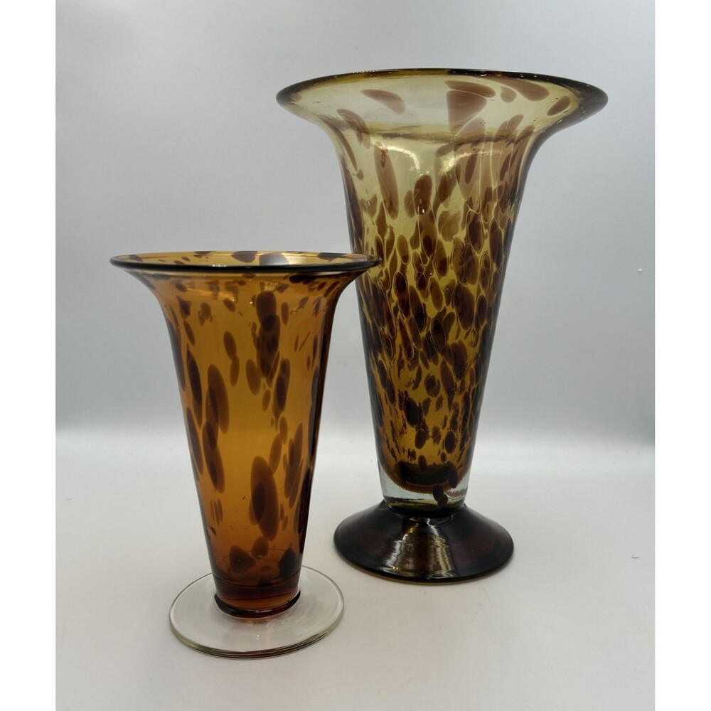 Vintage Hand Blown Art Glass Vases Set of 2 Amber Brown Spotted Pedestal Vases